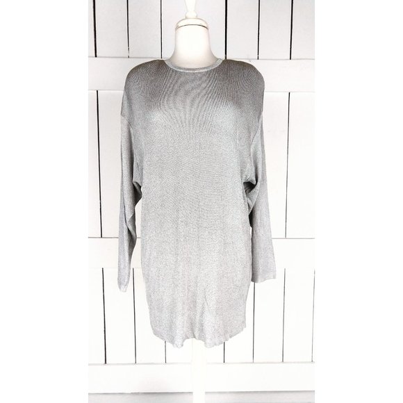 Vintage Classiques silver grey long sleeve slinky pullover ribbed tunic top larg - Picture 2 of 5